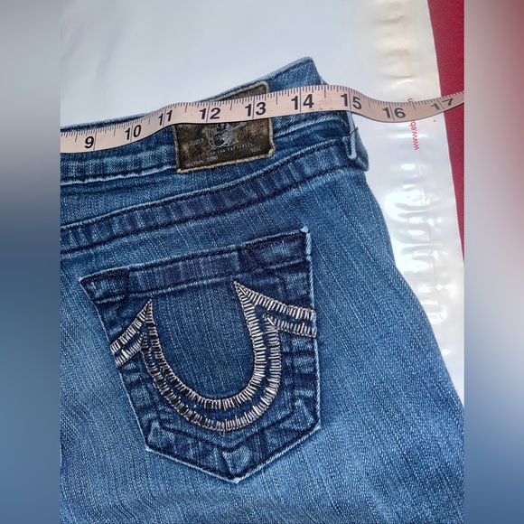 True Religion TORY Boot Cut BLUE Jeans HORSESHOE Silver Studded Pocket Womens 28 - Picture 2 of 16
